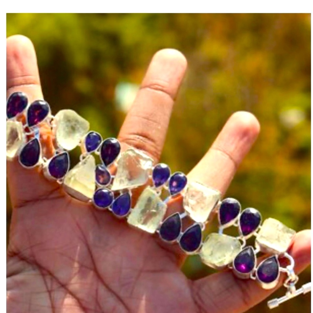 Raw green and purple amethyst bracelet